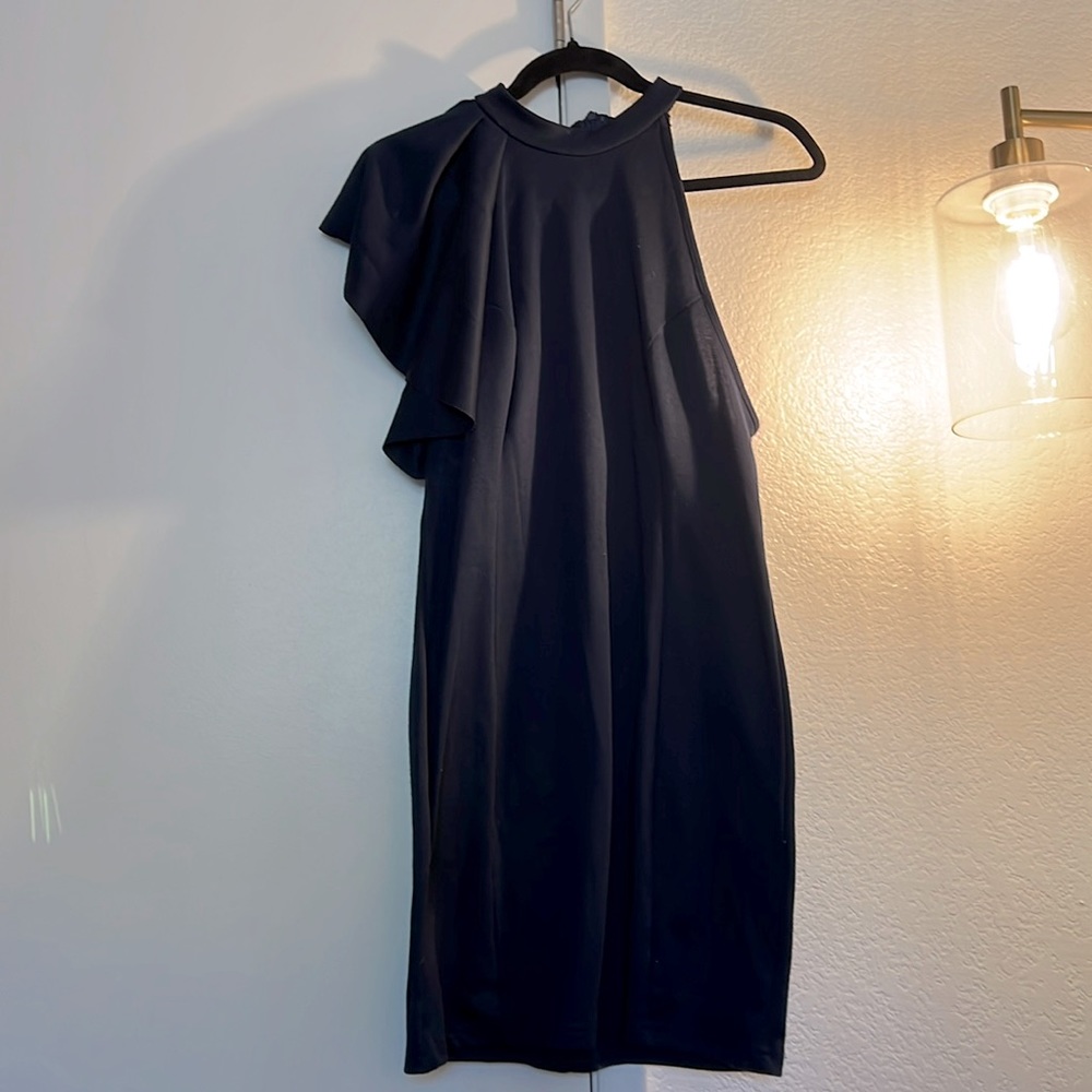 Navy blue sleeveless ruffle midi dress, size small, cute ruffle detail (right)